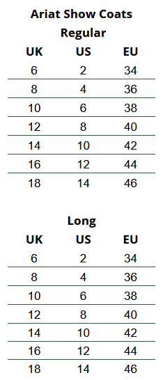 2025 Ariat Womens Show Coats  Size Chart
